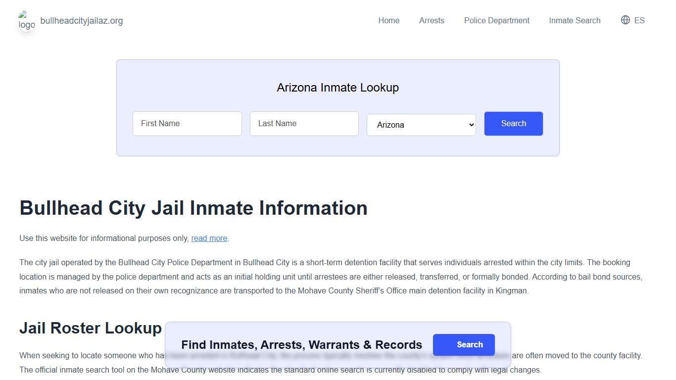 Bullhead Jail, AZ Inmate Roster, Municipal Jail Info
